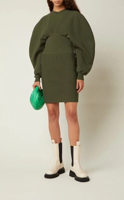 Bottega Veneta Puff Sleeve Compact Stretch Wool Dress In Green