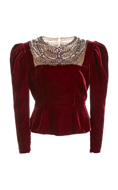 Shop Marchesa Embellished Puffed-sleeve Velvet Top In Red