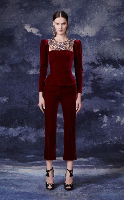 Shop Marchesa Embellished Puffed-sleeve Velvet Top In Red