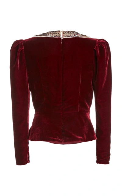 Shop Marchesa Embellished Puffed-sleeve Velvet Top In Red