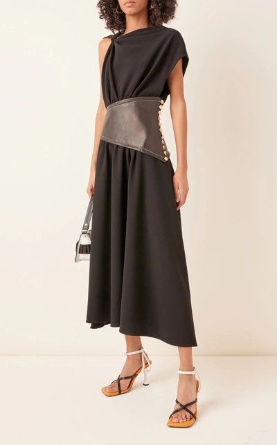 Shop Proenza Schouler Women's Leather-detailed Asymmetric Crepe Midi Dress In Black