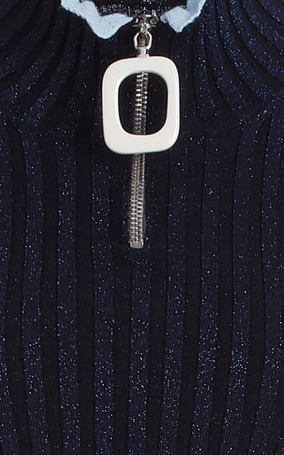 Shop Jw Anderson Women's Zip-front Metallic Ribbed-knit Top In Navy