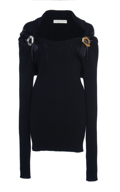 Shop Bottega Veneta Women's Leather-trimmed Ribbed Wool Sweater In Black