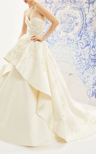 Shop Carolina Herrera Bridal Ivonne Strapless Silk Ballgown With Floral Embroidered Tiered Skirt In Ivory