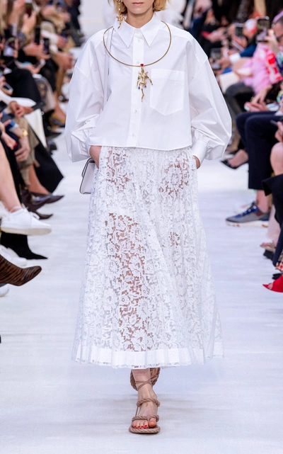 Shop Valentino Sheer Pleated Lace Maxi Skirt In White