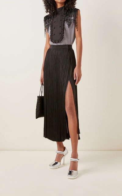 Shop Prada High-rise Fringed Organza Skirt In Black