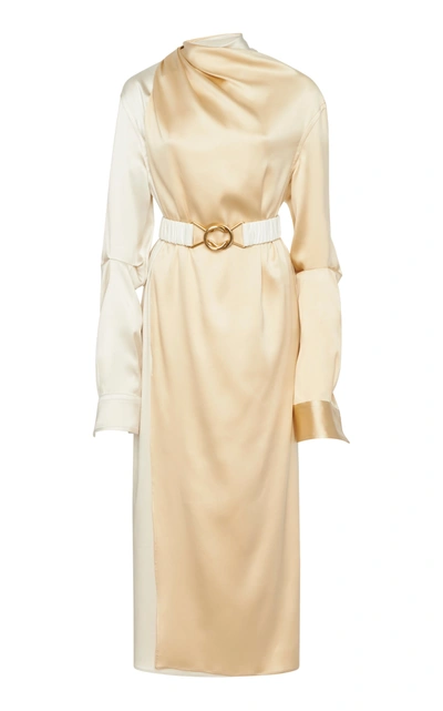 Shop Bottega Veneta Two-tone Draped Silk-blend Midi Dress In Ivory