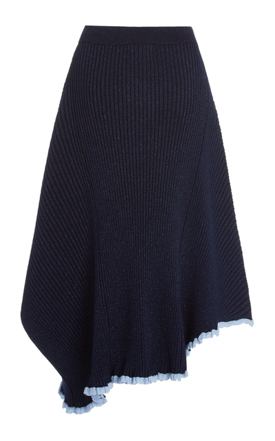 Shop Jw Anderson Women's Asymmetric Metallic Ribbed-knit Midi Skirt In Navy