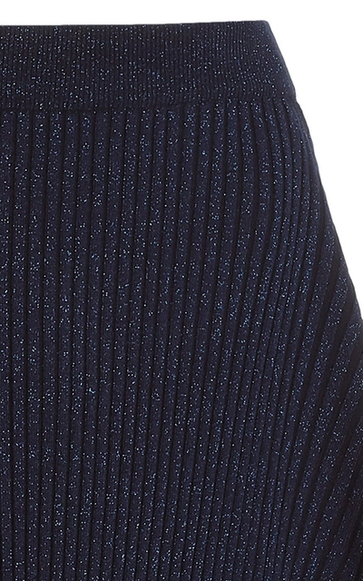 Shop Jw Anderson Women's Asymmetric Metallic Ribbed-knit Midi Skirt In Navy