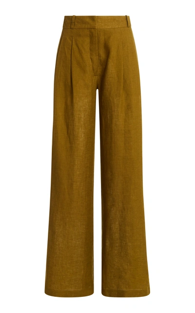 Shop Asceno The Rivello Pleated Linen Wide-leg Trousers In Green