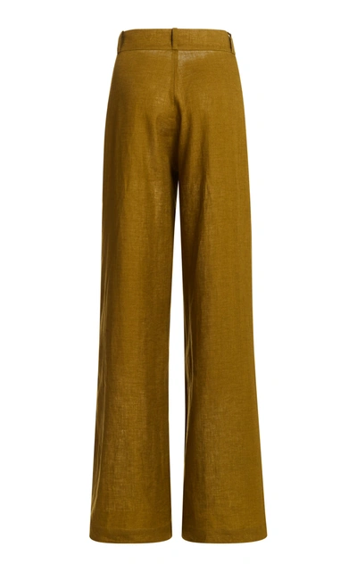Shop Asceno The Rivello Pleated Linen Wide-leg Trousers In Green