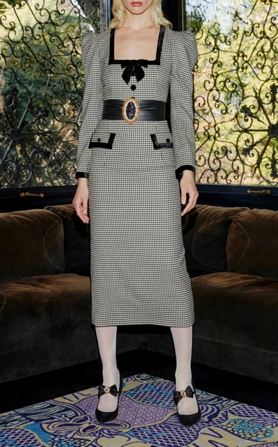 Shop Alessandra Rich Velvet-trimmed Gingham Wool-blend Midi Dress In Black/white