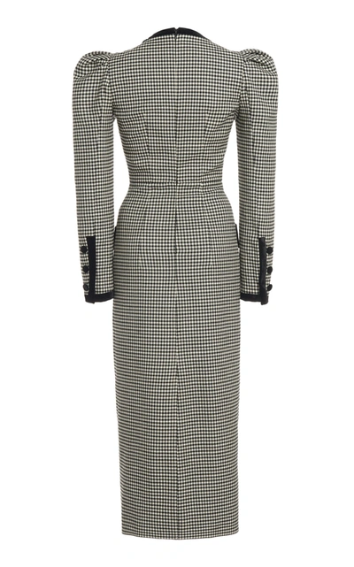 Shop Alessandra Rich Velvet-trimmed Gingham Wool-blend Midi Dress In Black/white