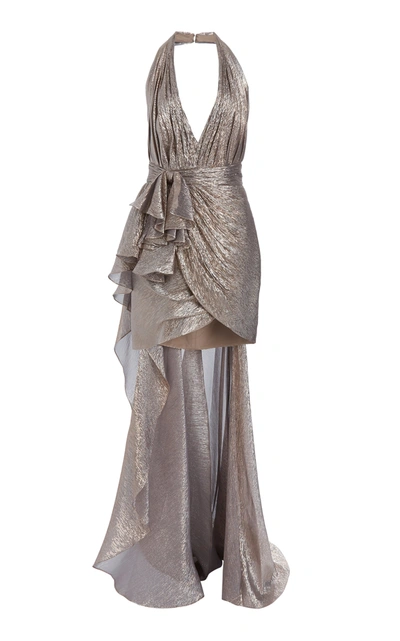 Shop Zuhair Murad Keefe Draped Silk-blend Lamã© Mini Halter Dress In Metallic