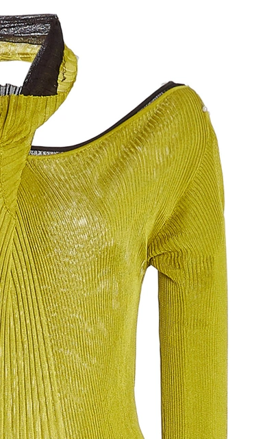 Shop Bottega Veneta Fringe-trimmed Ribbed-knit Maxi Halter Dress In Green