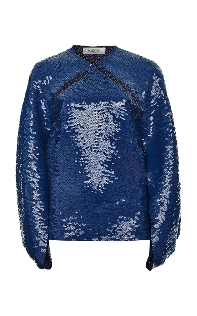Shop Valentino Women's Glittered Cape-effect Silk Top In Blue