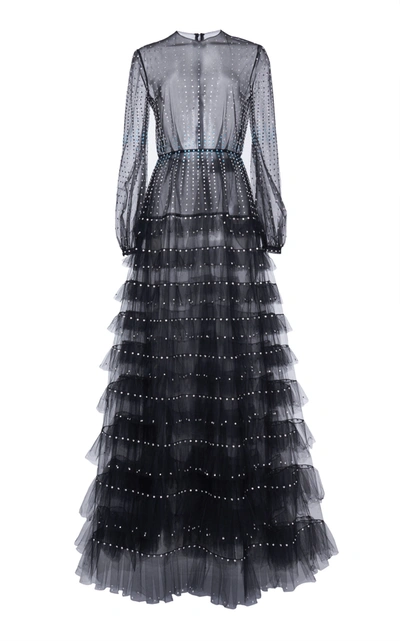 Shop Valentino Crystal-embellished Ruffled Tulle Gown In Black