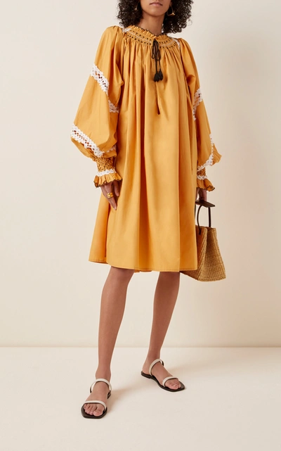 Shop Thierry Colson Vladia Lace-trimmed Cotton Mini Caftan In Yellow