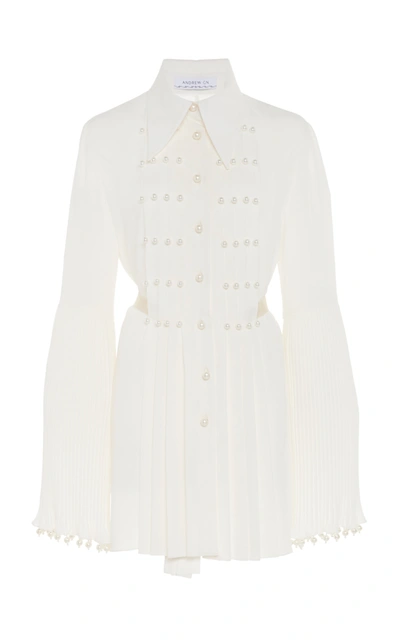 Shop Andrew Gn Women's Pearl-embellished Pleated Silk Top In White