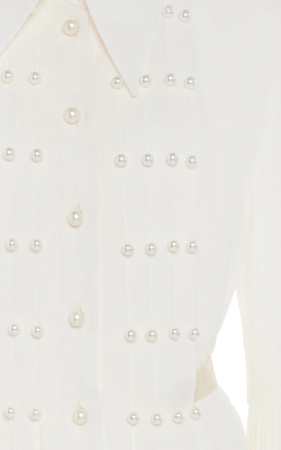 Shop Andrew Gn Women's Pearl-embellished Pleated Silk Top In White