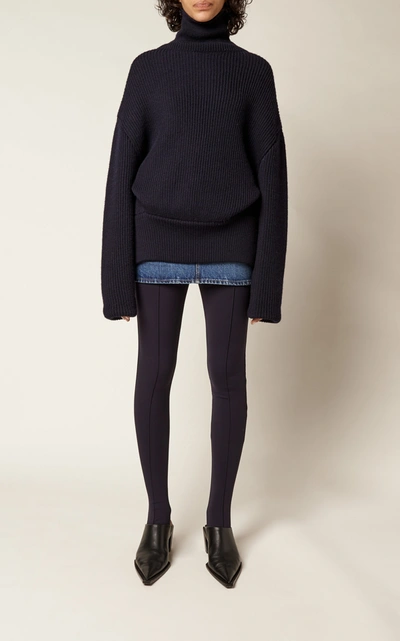 Shop Balenciaga Women's Oversized Ribbed Wool Turtleneck Sweater In Navy