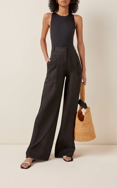 Shop Asceno The Rivello Pleated Linen Wide-leg Trousers In Black