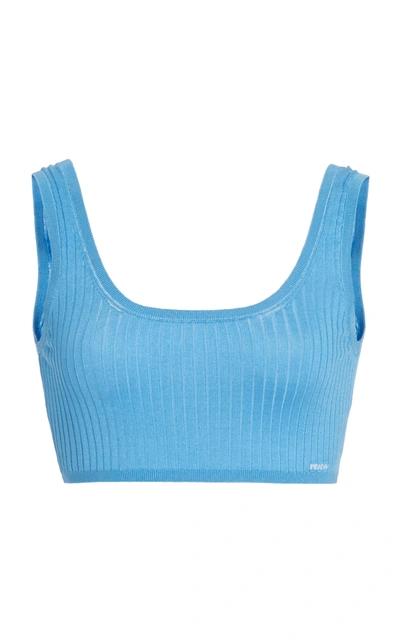 Prada Cropped Ribbed Silk-blend Top In Blue