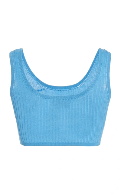 Prada Cropped Ribbed Silk-blend Top In Blue
