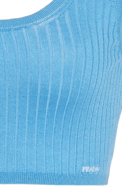 Prada Cropped Ribbed Silk-blend Top In Blue