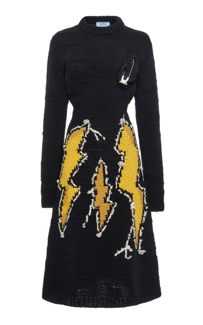Shop Prada Embellished Intarsia-knit Wool Midi Dress In Black