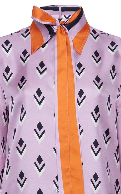 Shop Valentino Printed Silk Tie-neck Top In Purple