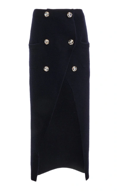 Shop Balmain Crystal-embellished Wool-blend Midi Wrap Skirt In Navy
