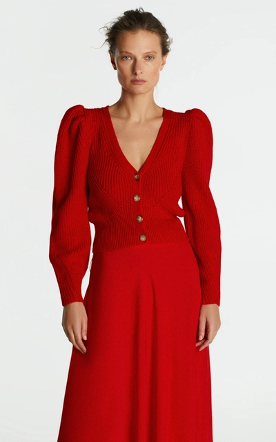 Shop Anna October Puffed-sleeve Ribbed-knit Sweater In Red