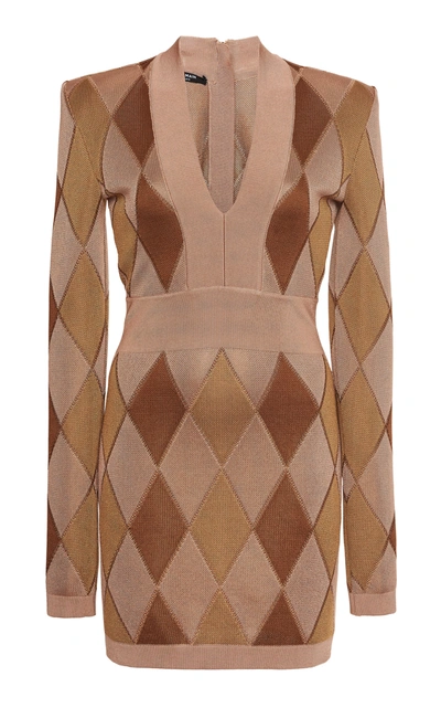 Shop Balmain Argyle Intarsia-knit Mini Dress In Neutral