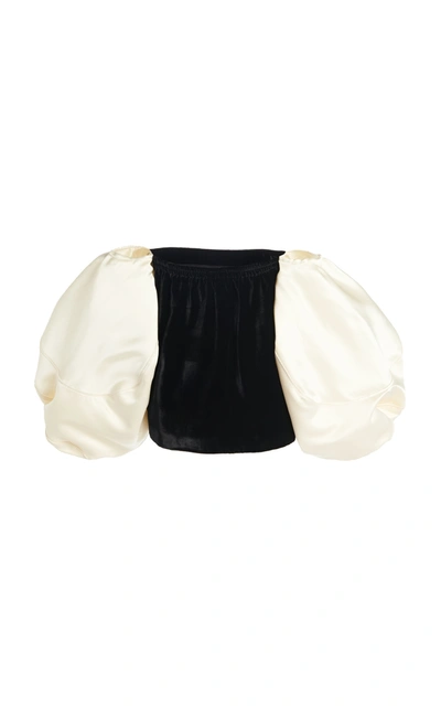 Shop Rosie Assoulin Satin Balloon-sleeve Velvet Off-the-shoulder Top In Black