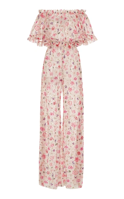 Shop Luisa Beccaria Off-the-shoulder Floral-print Chiffon Jumpsuit In White