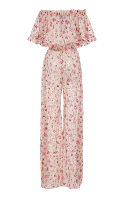 Shop Luisa Beccaria Off-the-shoulder Floral-print Chiffon Jumpsuit In White