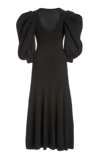 Shop Carolina Herrera Puffed-sleeve Ribbed-knit Midi Dress In Black