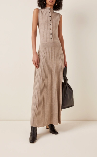 Shop Loulou Studio Arborea Button-embellished Ribbed Merino Wool Maxi Dress In Neutral