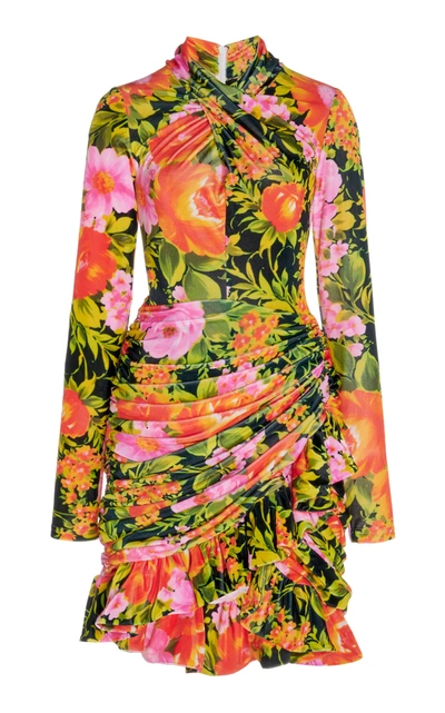 Shop Richard Quinn Ruched Floral Jersey Mini Dress