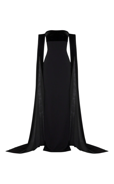 Shop Alex Perry Harland Velvet-detailed Crepe Strapless Gown In Black