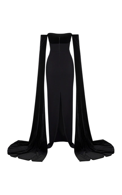 Shop Alex Perry Harland Velvet-detailed Crepe Strapless Gown In Black