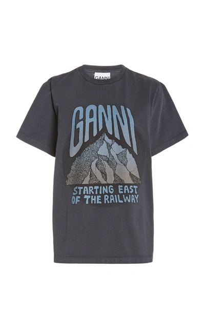 Shop Ganni Printed Cotton-jersey T-shirt In Grey