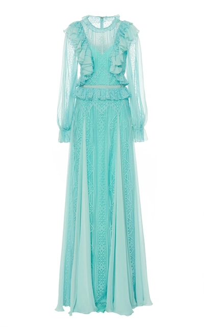 Shop Zuhair Murad Andalusia Ruffle-trimmed Tulle Gown In Blue