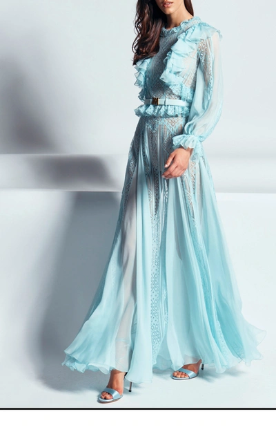 Shop Zuhair Murad Andalusia Ruffle-trimmed Tulle Gown In Blue