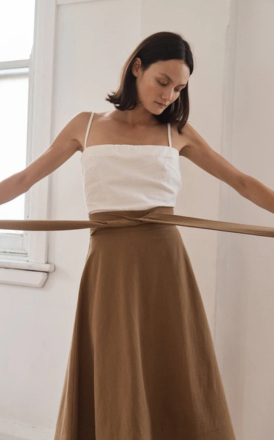 Shop St Agni Manami Belted Cotton-linen A-line Midi Skirt In Brown