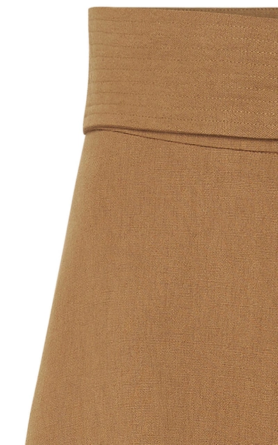 Shop St Agni Manami Belted Cotton-linen A-line Midi Skirt In Brown