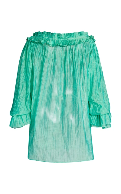 Shop Thierry Colson Roussia Pleated Cotton-silk Top In Green