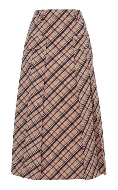 Shop Prada Checked Wool Midi Skirt In Plaid