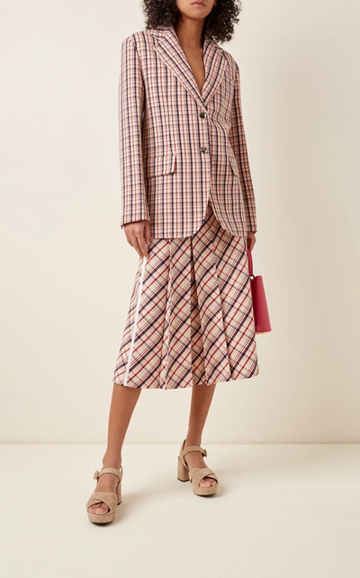 Shop Prada Checked Wool Midi Skirt In Plaid